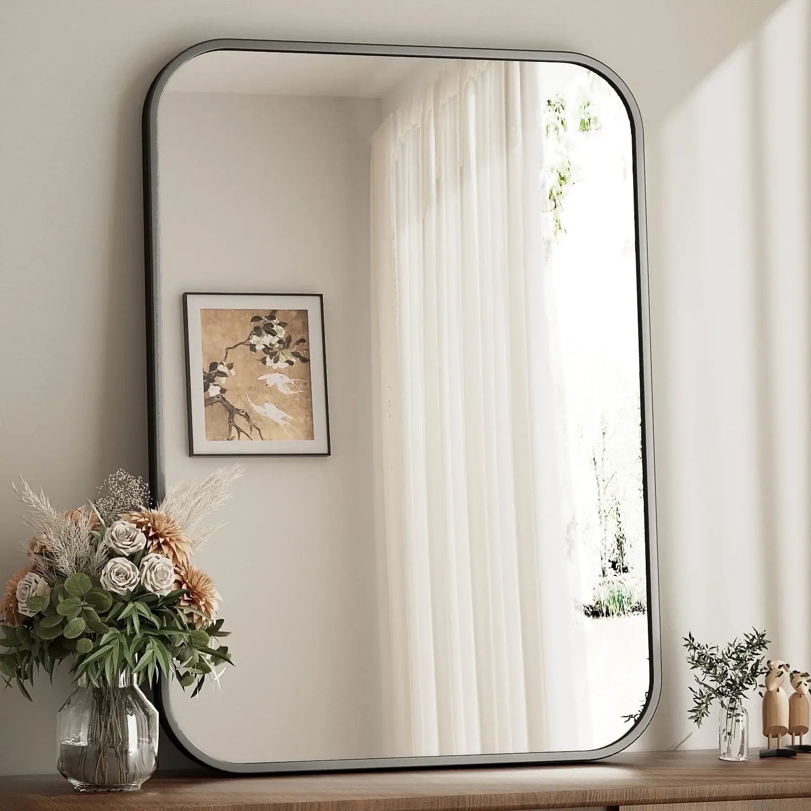 BEAUTYPEAK 30x48 Wall Mirror Rounded Corners Hanging Vanity Mirror Black Ultra-Thin Aluminum Alloy Frame HD Glass Waterproof & Shock-Resistant