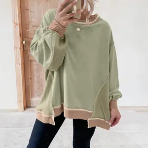 MULLVEIG Women's Colorblock Waffle Patchwork Textured Sweatshirt - Casual Long Sleeve Loose Pullover Tops Winter Outfit Womenswear Everyday