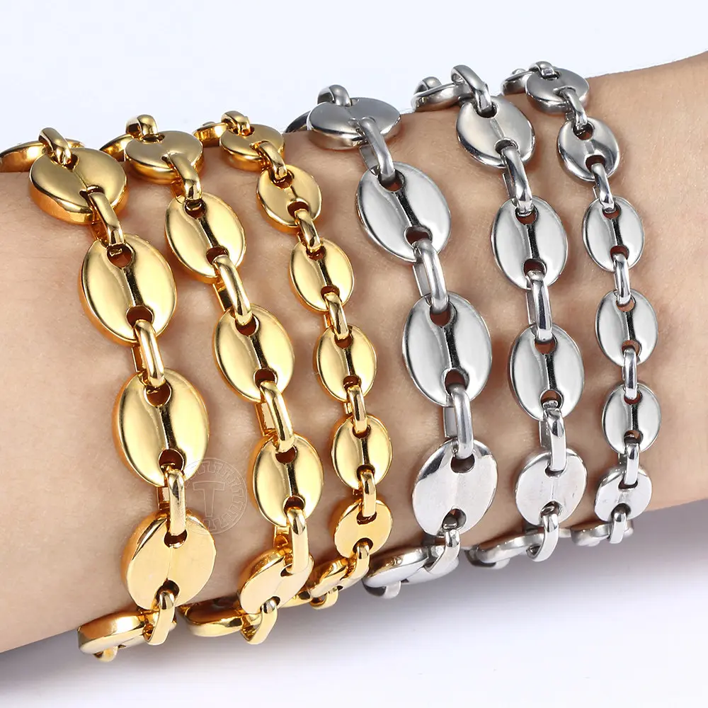 Hermah 7/9/11mm Coffee Beans Marina Link Chain Bracelet for Men Women Stainless Steel Gold Color Silver Color Bracelet 7/8/9inch Party Birthday Gifts
