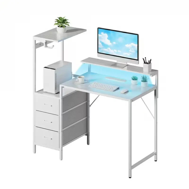 Modern White Computer Desk with Drawers, Shelves & LED Lights, Gaming Desk for Home Office leather Bamboo summerwins