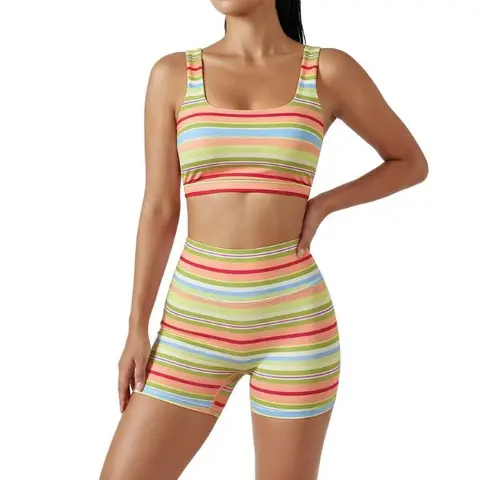 FISOEW Women's 2-Piece Workout Set - Rainbow Stripe Sleeveless Crop Tank & High-Waist Biker Shorts, Breathable Stretch 80% Polyester 20% Spandex, Medium-High Compression for Gym Running Training