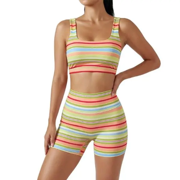FISOEW Women’s Rainbow Stripe 2 Piece Workout Set Sleeveless Crop Tank Top High Waist Biker Shorts Matching Lounge Outfit