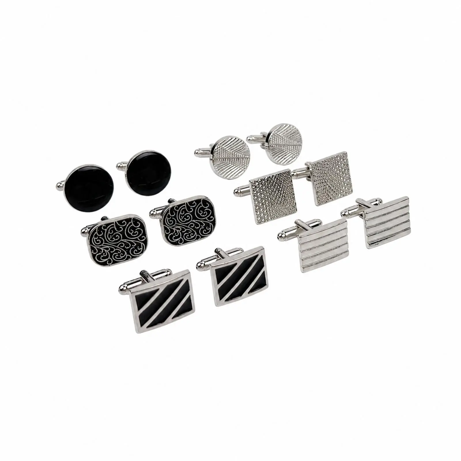 OIDEA Men's Cufflinks Set of 6 Pairs, Silver and Black Alloy Tuxedo Cuff Links with Enamel and Textured Patterns for Weddings