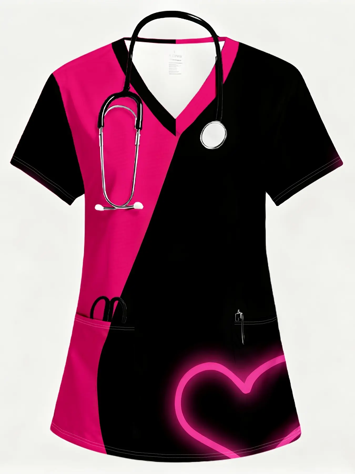 Women's Short-Sleeve V-Neck Nurse Scrubs with Pockets, Soft To The Touch, Modern Minimalist Style, High-Definition Fashionable Printed Patterns, Front Stethoscope Design, 1-Side Pink Heart Motif
