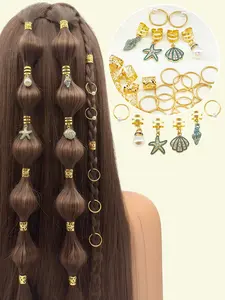 46pcs Ocean Glam Hair Rings, Diamond Starfish, Scallop, Blue Conch, Pearls, Adjustable Alloy Cuffs, Boho Hair Jewelry for Dreadlocks & Braids