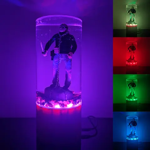 FADDISHDEAL Halloween Spooky Masked Figure Resin Glass Jar RGB LED Water Lamp - Multi-Color Changing Compact Cylindrical Jar Fits Compact Shelves Desktop Night Light, Eerie Movie Mood Movie Memorabilia, Home Bar Holiday Gift Decor