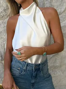 Women's Satin Halter Neck Sleeveless Top, Elegant High Neck Solid Color Blouse, Suitable for Daily Casual and Party Occasions