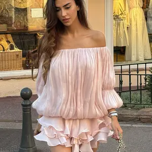Romantic Vacation Flowy Off-Shoulder Fairy Dress with Asymmetrical Ruffle Hem. Elegant Low-Waist Mini Dress, Anti-See-Through Design with Attached Lining Shorts.for Beach Holidays and Dating.