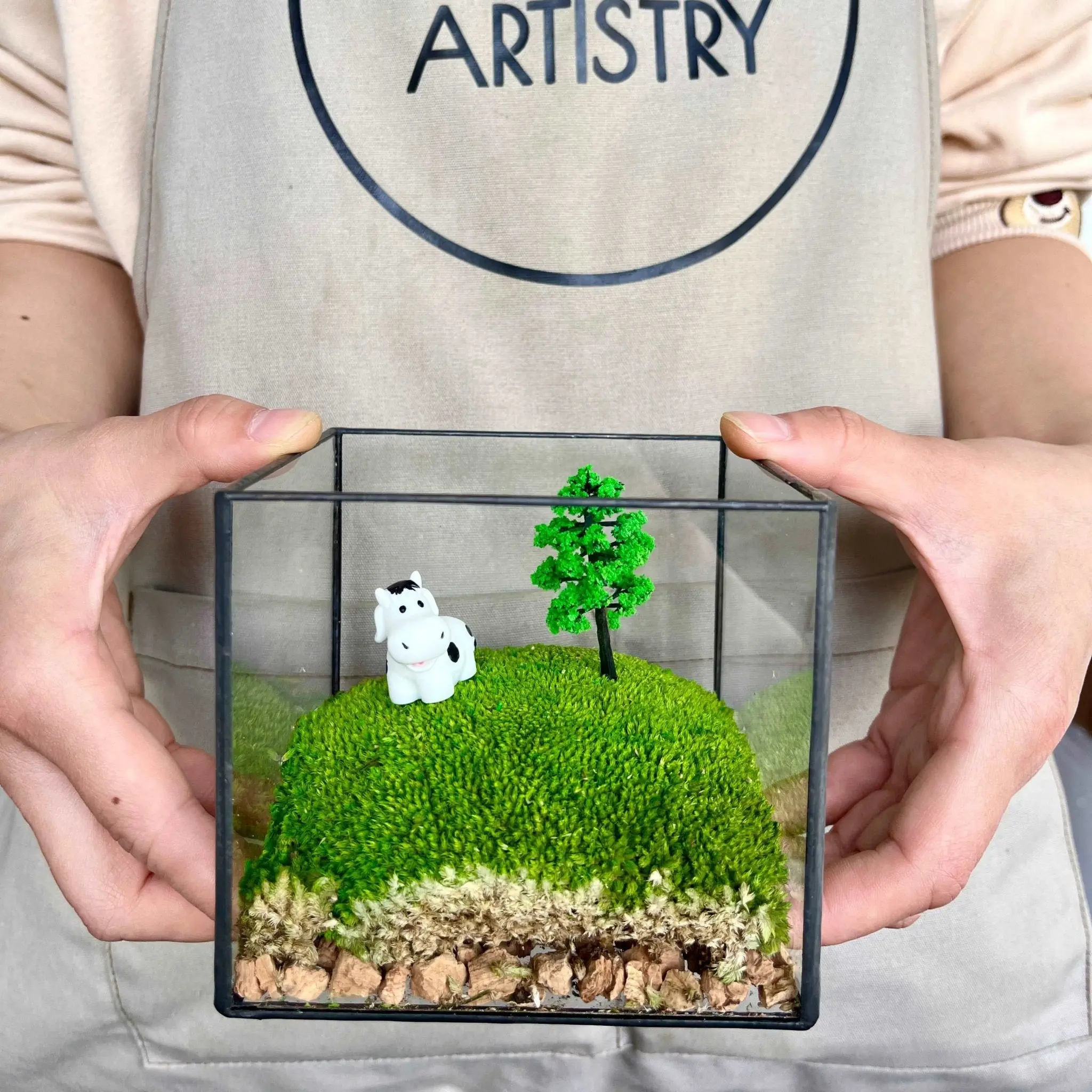 Handmade Glass Terrarium Mossbox Happy Chubby Cow Micro Landscape with Unique Artisan Design mossplantpetaquariumdesk Decor Geometric