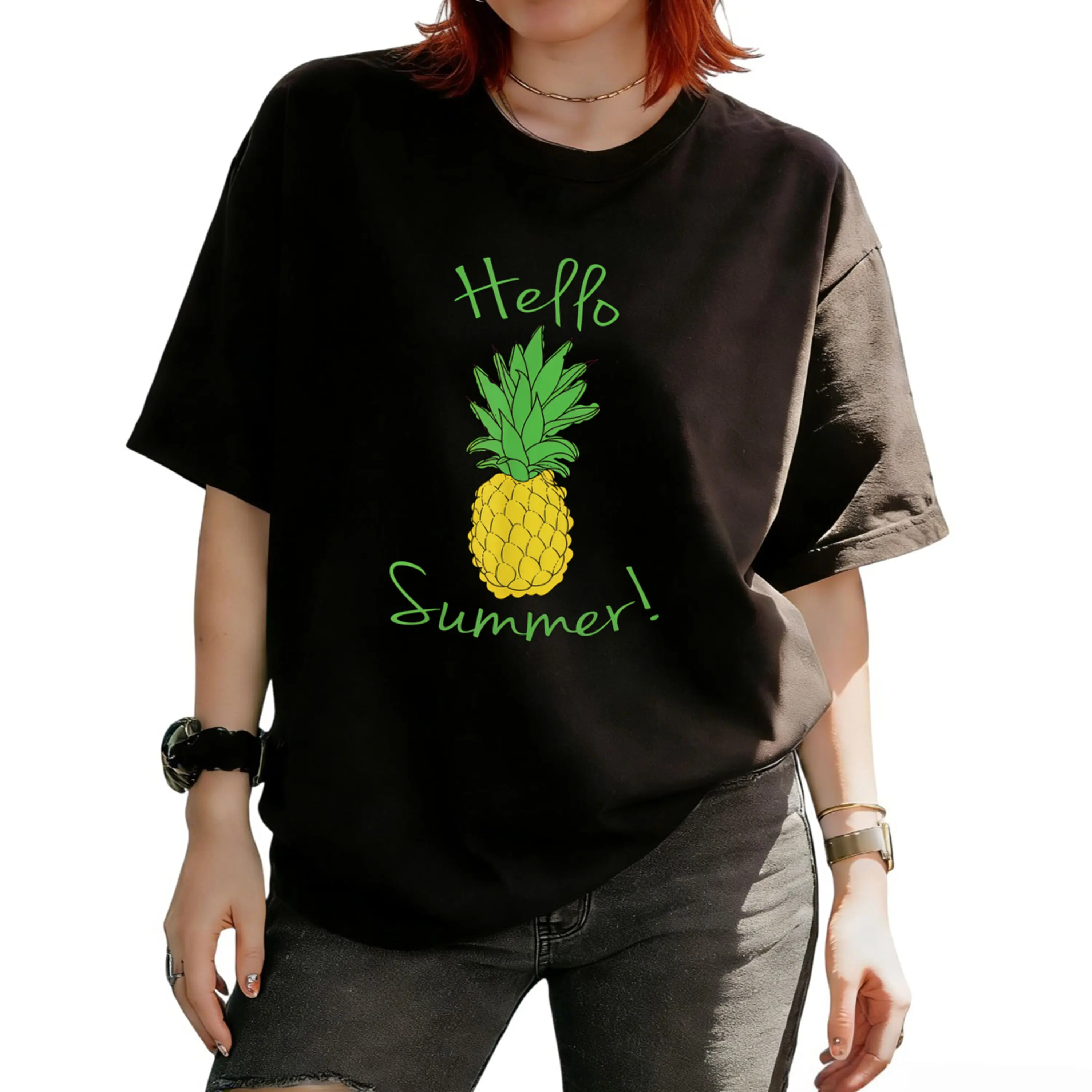 A Cute Summer Women'S T-Shirt with a Fun Pattern, Featuring a Pineapple Print Perfect for The Warm Season.This Fresh Summer Outfit Is Made of Skin-Friendly, Making It a Top Choice for Summer Enthusiasts.It'S a Lovely T-Shirt Suitable for Casual