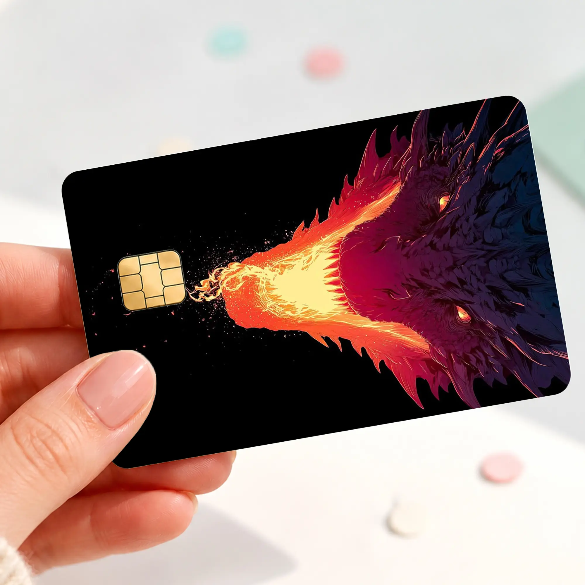 Fire Breathing Dragon Credit Card Skin Sticker, Purple Black Fantasy Dragon Debit Card Cover, Neon Flame Bank Card Decal, Dragon Lover Card Wrap Gift
