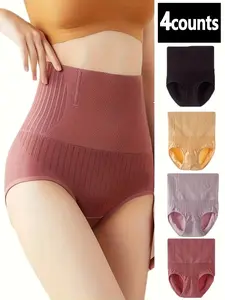 Women's 4pcs Solid High Waist Panty, Tummy Control Butt Lifting Shapewear Panties, Comfy Breathable Nylon Knicker for Daily Wear, Underwear for All Seasons