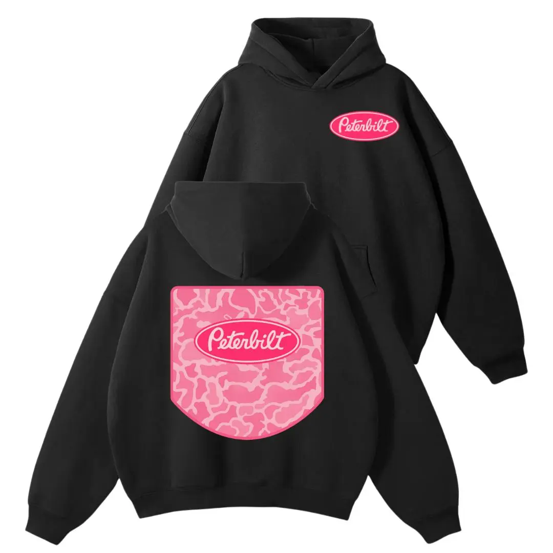 Peterbilt Pink Camo Flag 2 Side Hoodie, Semi Trunk Sweatshirt/T-Shirt, Black Hoodie 90s casual Bold colors Unisex Trucker Apparel Casual wear Top Womenswear Menswear