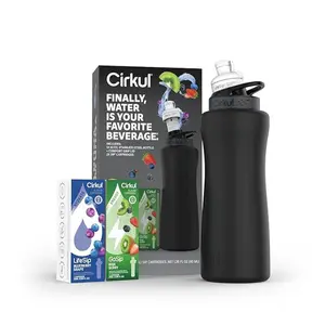 32oz Matte Black Stainless Steel Water Bottle Starter Kit with Black Lid and 2 Flavor Cartridges (Blueberry Grape & Kiwi Berry) Bottled Drinkware