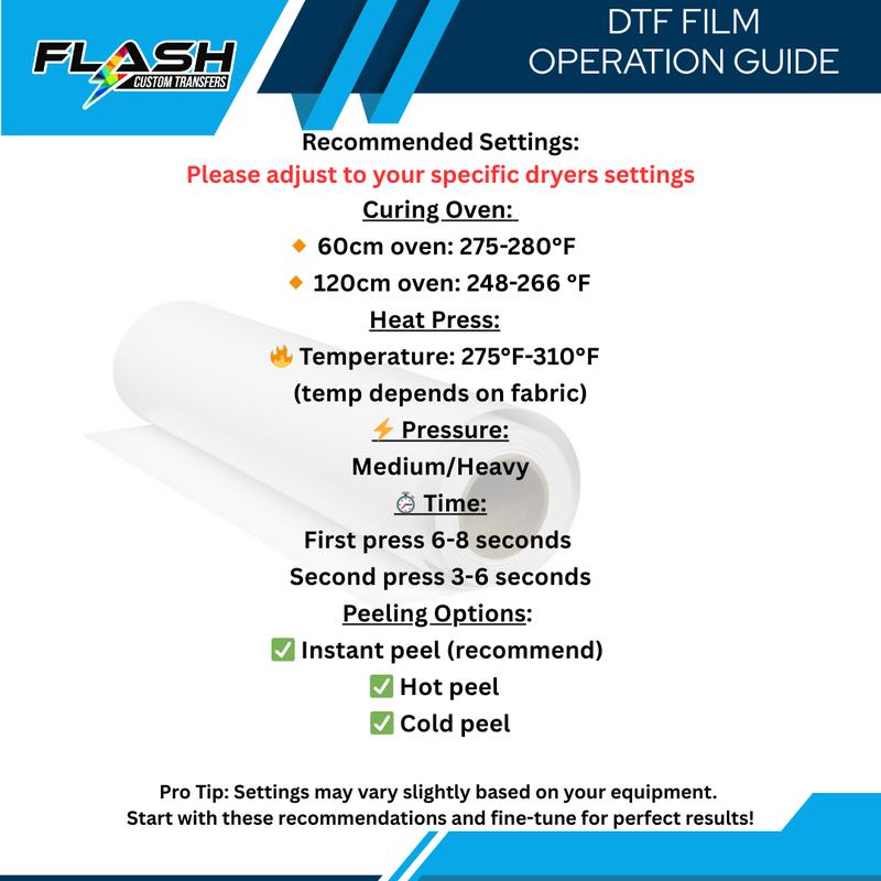 Flash 24" DTF Film - Cold/Hot Peel, Double-Sided Matte,  24" Width, Crisp Color Transfer, Instant Peel for High-Quality Printing