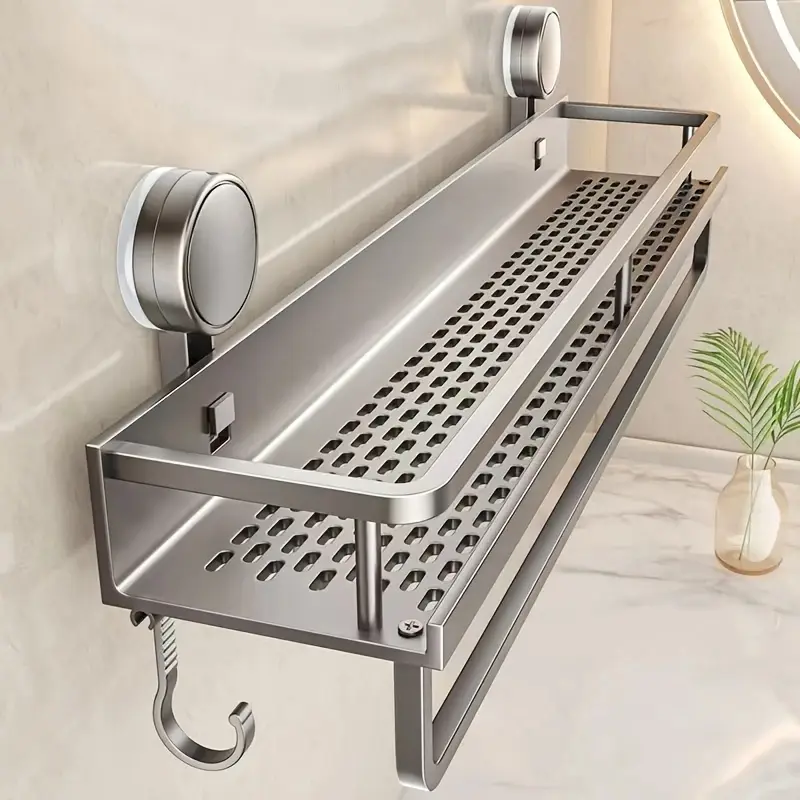 Suction Cup Shower Caddy, 1 Set Wall Mounted Storage Rack, Durable Space Saving Shelf, Rustproof Shower Rack, Bathroom Organizer, Strong Suction Cup, Bathroom Organizing Accessories