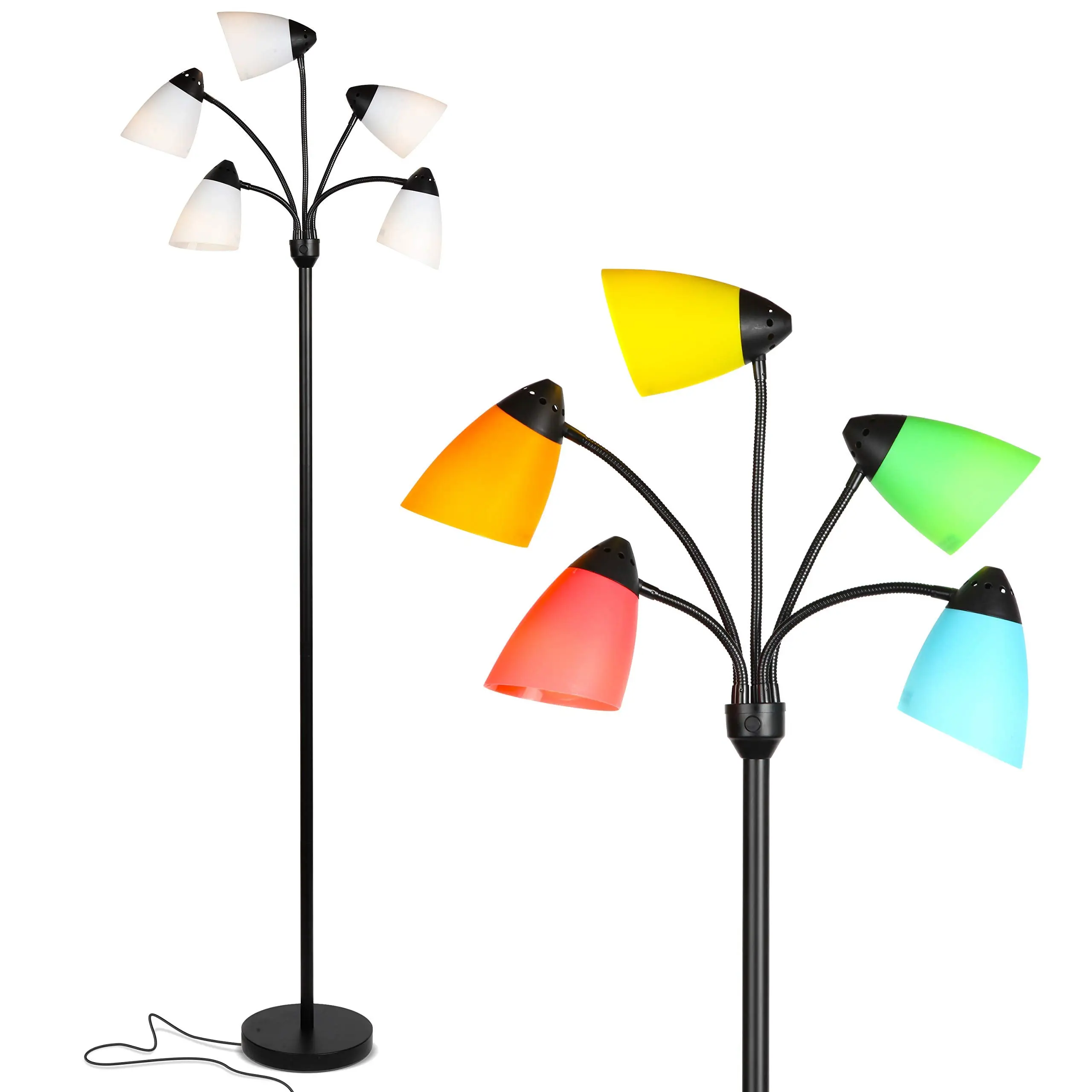 Brightech Medusa LED Floor Lamp - Multi Head Adjustable Tall Pole Standing Reading Lamp for Living Room, Bedroom, Kids Room - Includes 5 LED Bulbs and 5 White & Colored Interchangeable Shades
