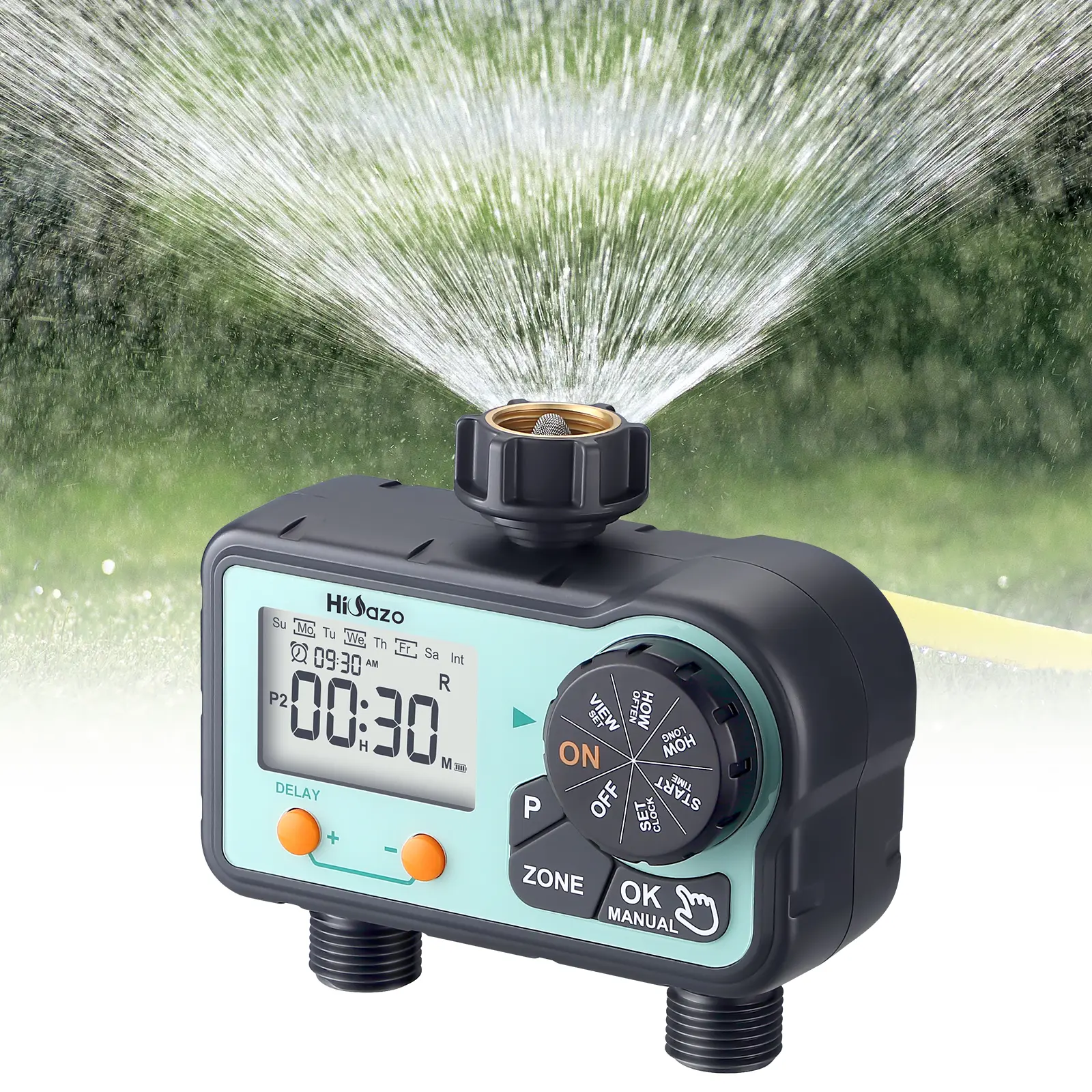 Hioazo 2-Outlet Automatic Garden Hose Water Timer - 2-Zone Adjustable Watering System for Automatic Plants Watering, with Manual Mode, Rain Delay, Low Battery Protection, IP54 Rated, 0.5 Bar~8 Bar, Water Sprinkler Compatibility, Outdoor Garden Tool