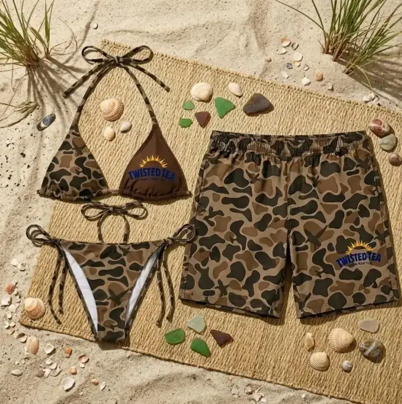 Couple Matching Swimsuit Set, Camoflage Beachwear, Bikini and Swim Trunks, Vacation Outfit for Couples