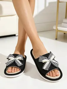 Silent Non-Slip Linen Slippers, Birdseye Bow Open-Toe Sandals, Breathable Comfort, Home Bedroom Footwear