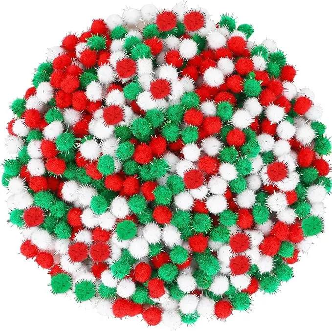 Christmas Pom Poms Balls, 1000 Pieces Red Green White Glitter Pompoms Pom Poms for Crafts Making DIY Holiday Christmas Decorations Supplies (3 Colors, 1 cm )