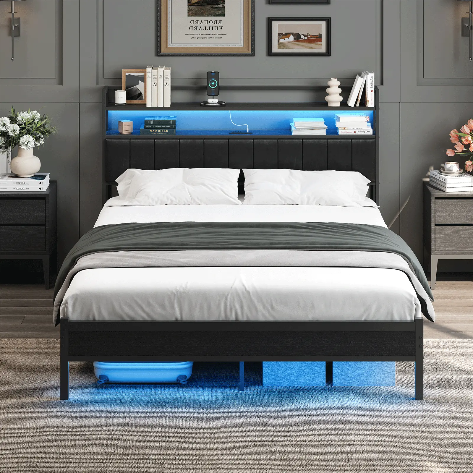 Metal Platform Bed Frame with Upholstered Storage Headboard, Built-in Charging Station, APP Controlled RGB LED Lights, Steel Anti-Slip Baffle, 10.4 Inch Under Bed Storage Space, No Bolt Easy Assembly, Full & Queen Size Available for Bedroom