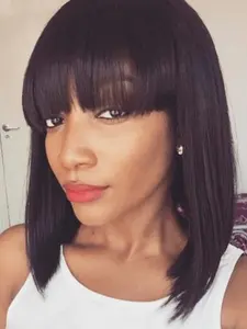 Glueless Layered Straight Bob Lace Front Wigs with Bangs 100% Real Human Hair Wig #30 Highlights Color 4x4 HD Lace Burgundy Wine Red Short Bob Haircuts Pre Plucked With Baby Hair Natural Hairline 10-14 Inch