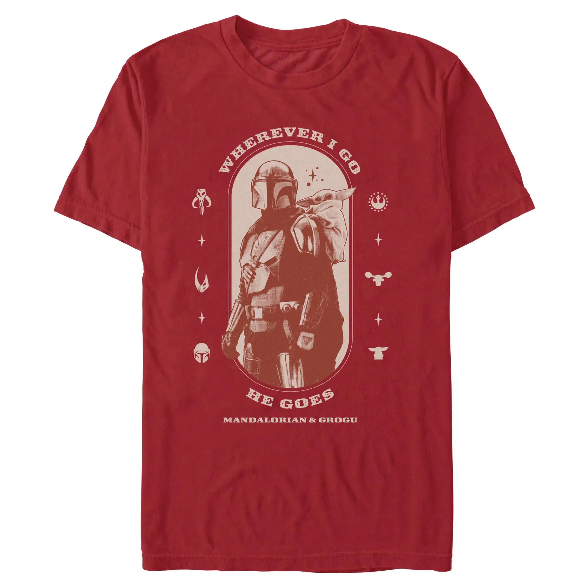 Mens Star Wars: The Mandalorian and Grogu Wherever I Go He Goes Logo T Shirt