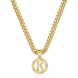 Gold Initial Necklace,14K Gold Plated Round Letter Pendant Hollow Capital Monogram 5mm Cuban Chain Necklace Alphabets from A-Z Dainty Jewelry for Women Men