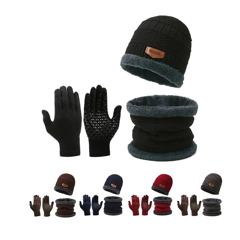 FEITAI Winter Hat Beanie Scarf Touchscreen Gloves Set for Men/Women, Warm Knit Fleece Lined Skull Cap Gloves Neck Set, Winter Gift