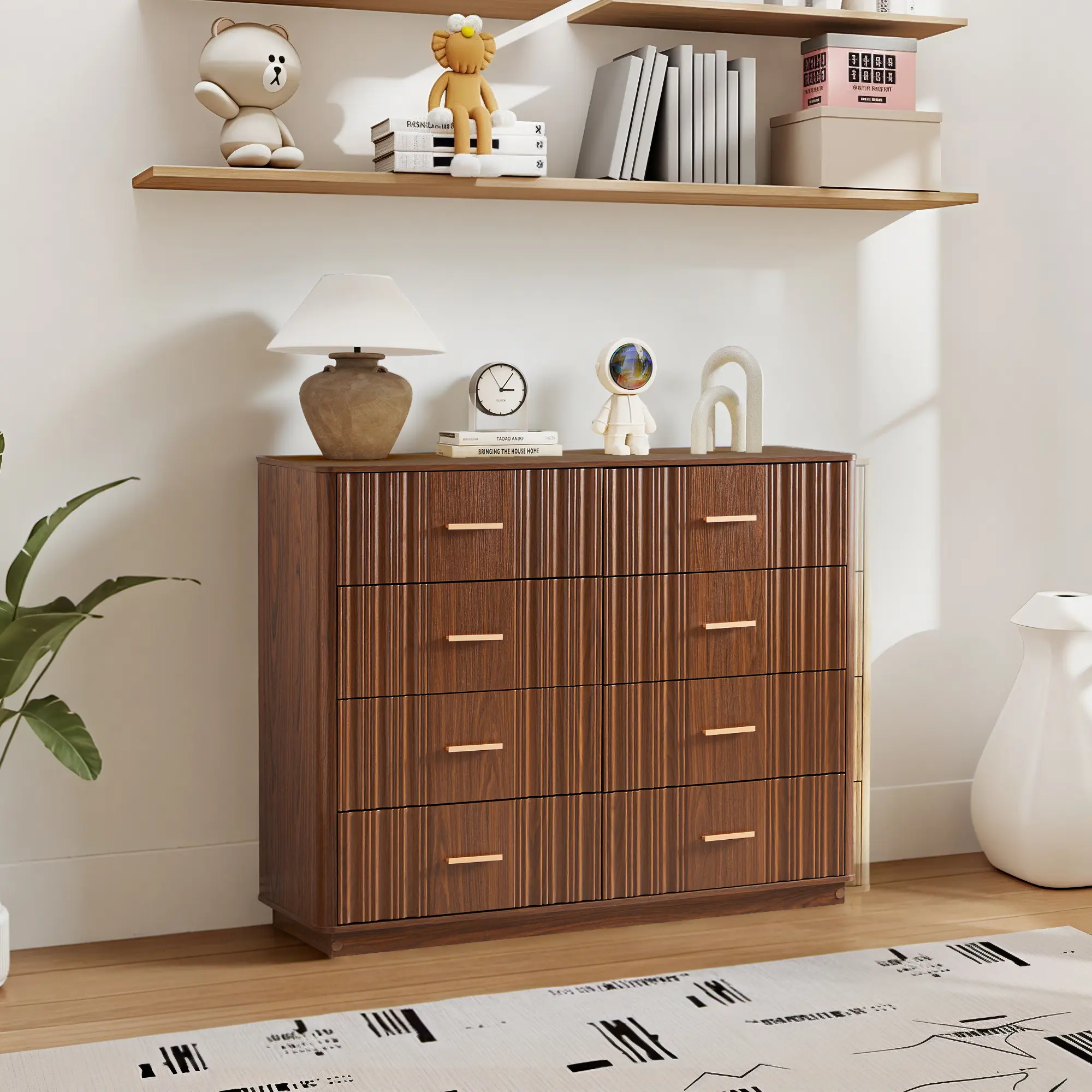 Giratree 47" Fluted Drawer Dresser Set - Mid-Century Modern Wooden 8-Drawer Decorative Cabinet, Multifunctional Cupboard for Bedroom Entryway, Entryway Storage Cabinets