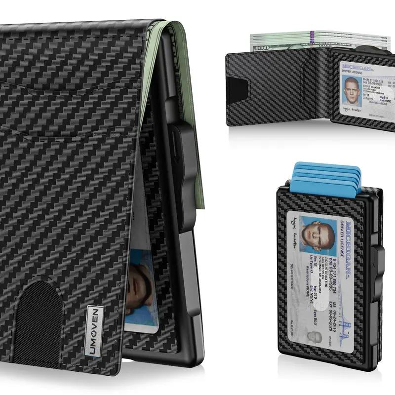 umoven Wallet for Men - Pop Up Case, Cash Slot, and Credit Card Slot - Aluminum Wallet with RFID Blocking, Minimalist Leather Wallet Front Pocket with ID Window, Gift Box
