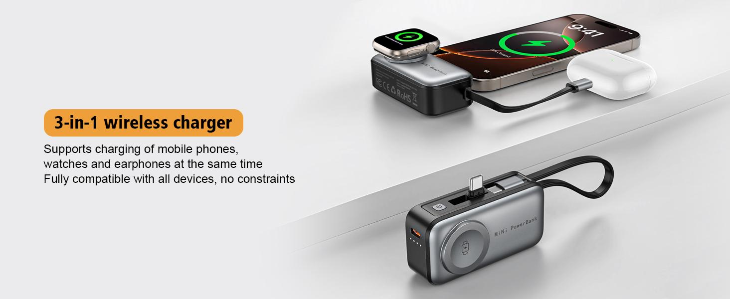 5000mAh Chargeable Portable Power Bank for Smartphones, 10W Fast Charging, Type-C & Multiple Ports, Lightweight Built-In Cable Accessory for Other Mobile Devices