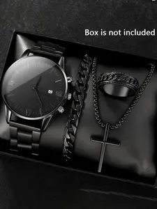 Men's Fashion Watch & Jewelry Set, Including Round Dial Analog Quartz Watch & Pendant Necklace & Ring & Bracelet, Trendy Watch Set for Men, Gift for Boyfriend