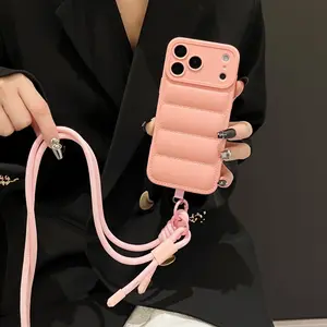 Soft and fluffy puffer phone case Casing with crossbody long strap, portable, full coverage thickened shockproof Protective case. Compatible with iPhone 11, 12, 13, 14, 15, 16, 17 Pro/PLUS/PM.