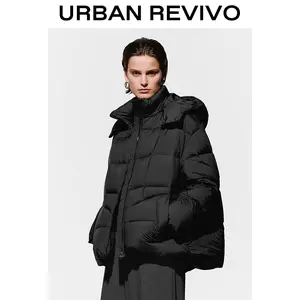 URBAN REVIVO Women's Minimalist Basic Hooded Funnel Neck Down Blend Jacket - Winter Warm Everyday Casual Elegant Solid Color Tops, Style UWM150109