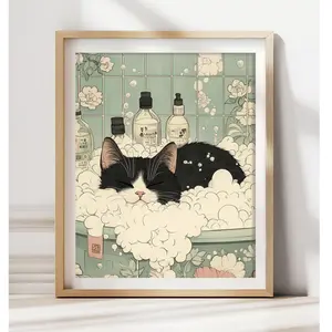 Tuxedo Cat in Bathtub Art Print: Japanese Bathroom Decor