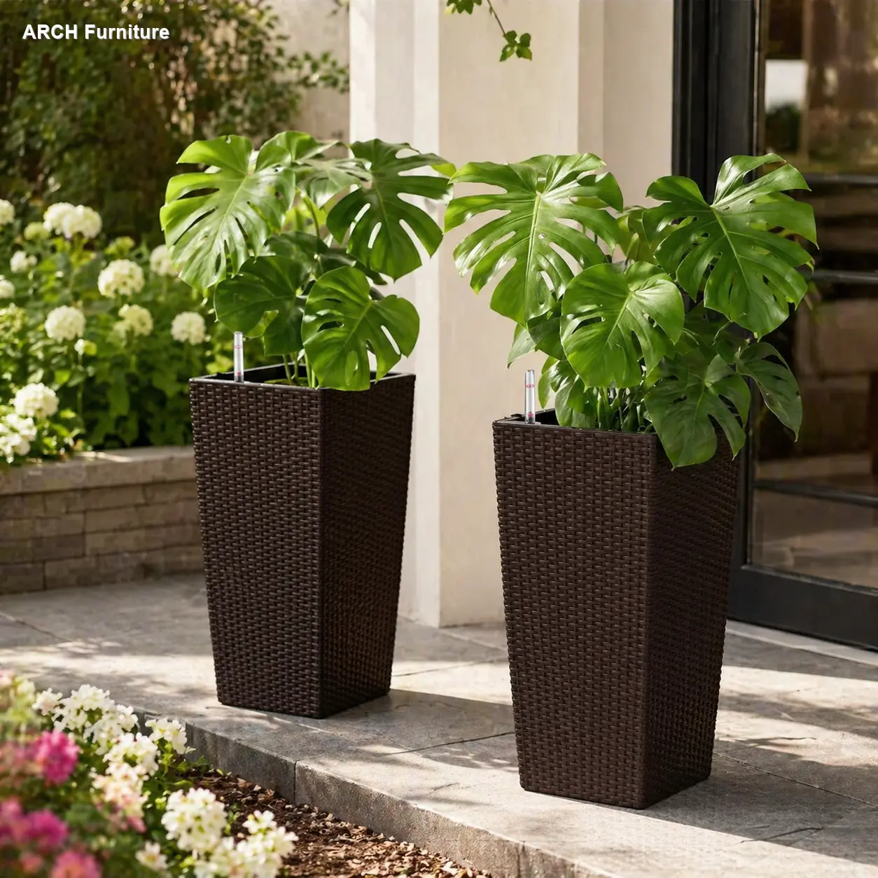 2-Pack Rustic Brown Faux Rattan Square Self Watering Plastic Plant Pots, 22-in High Ornamental Decorative Indoor-Outdoor Garden Planter with Auto-Watering Water-Saving System for Porch, Patio, Self Watering Pots