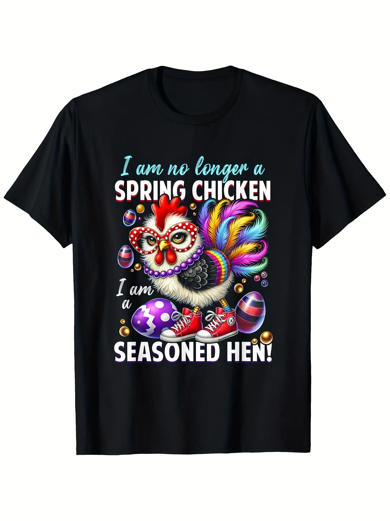 Women'S Funny Easter Chicken Graphic T-Shirt - "I Am No Longer a Spring Chicken, I Am a Seasoned Hen" Saying - Black Shirt with Red, Purple, Green, Yellow, Pink, White, Golden - Soft Breathable Tee for Easter Parties, Casual Attire - Sizes S-3XL - Perfect
