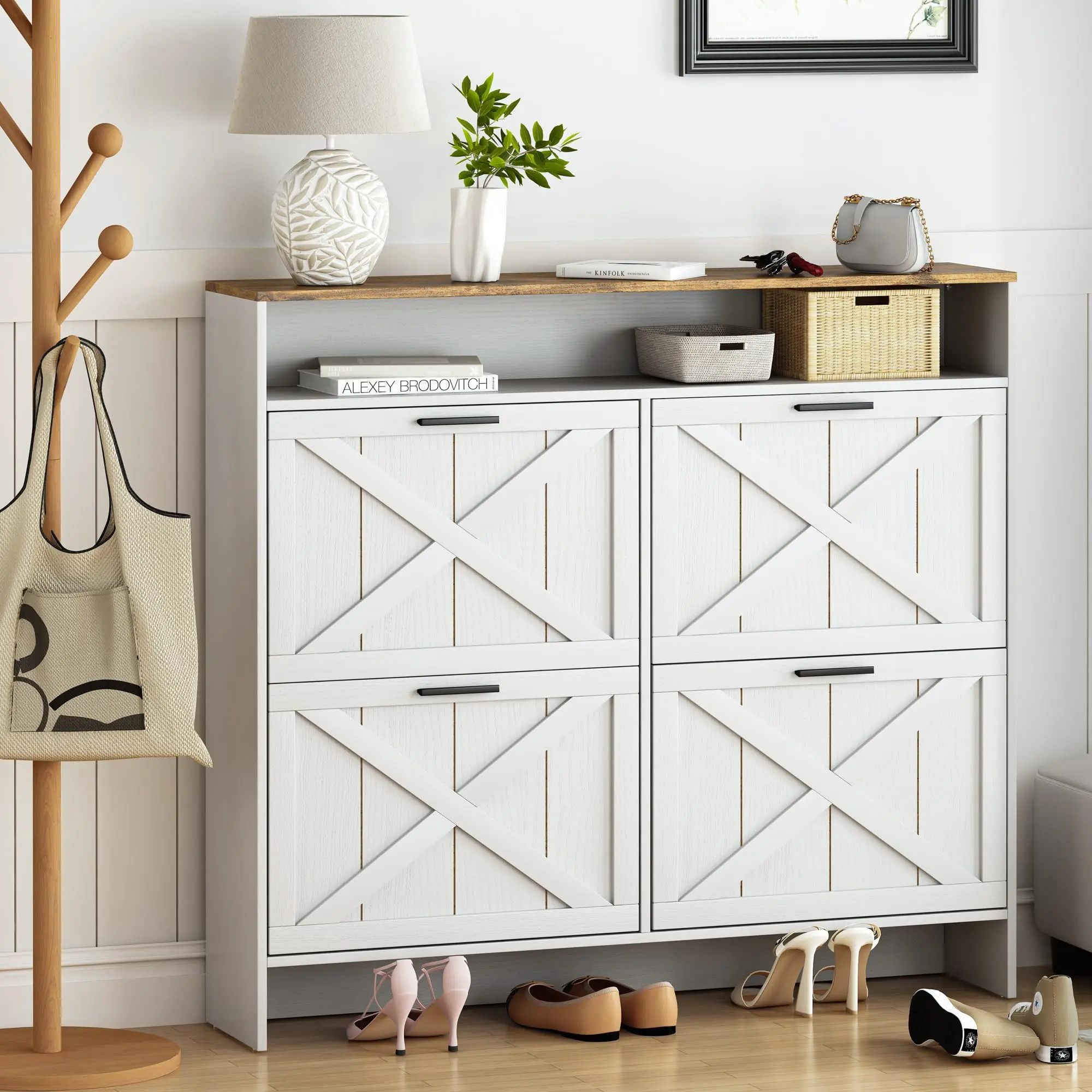 Vividwood Wooden Shoe Cabinet with 4 Flip Drawers, Narrow Shoe Rack Organizer Cabinet for Classified Storage, Farmhouse Shoe Storage Cabinet for Entryway, Living Room