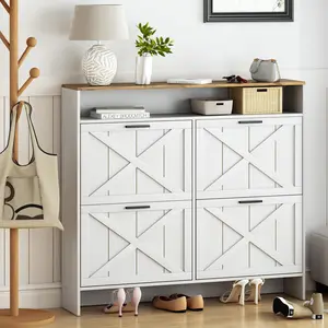 Vividwood Wooden Shoe Cabinet with 4 Flip Drawers, Narrow Shoe Rack Organizer Cabinet for Classified Storage, Farmhouse Shoe Storage Cabinet for Entryway, Living Room