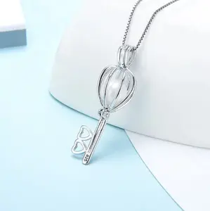 925 Sterling Silver Double Heart Pearl Cage Key Pendant Necklace + Pearl