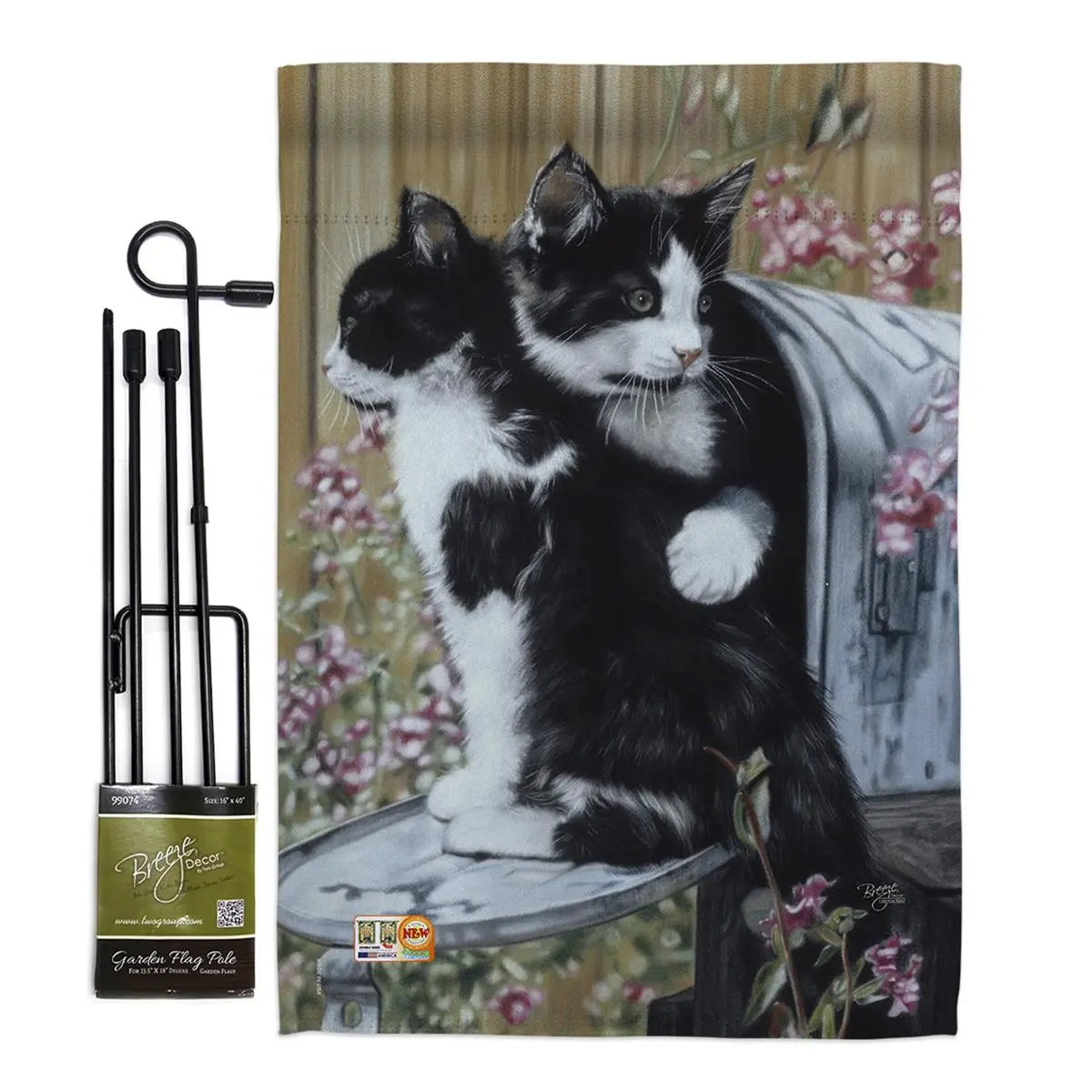 Breeze Decor BD-PT-GS-110079-IP-BO-D-US16-SB 13" x 18.5" Tuxedo Cat Double-Sided Mini Garden Flag Set with Banner Pole, Eco-Friendly Inks, Fade Resistant