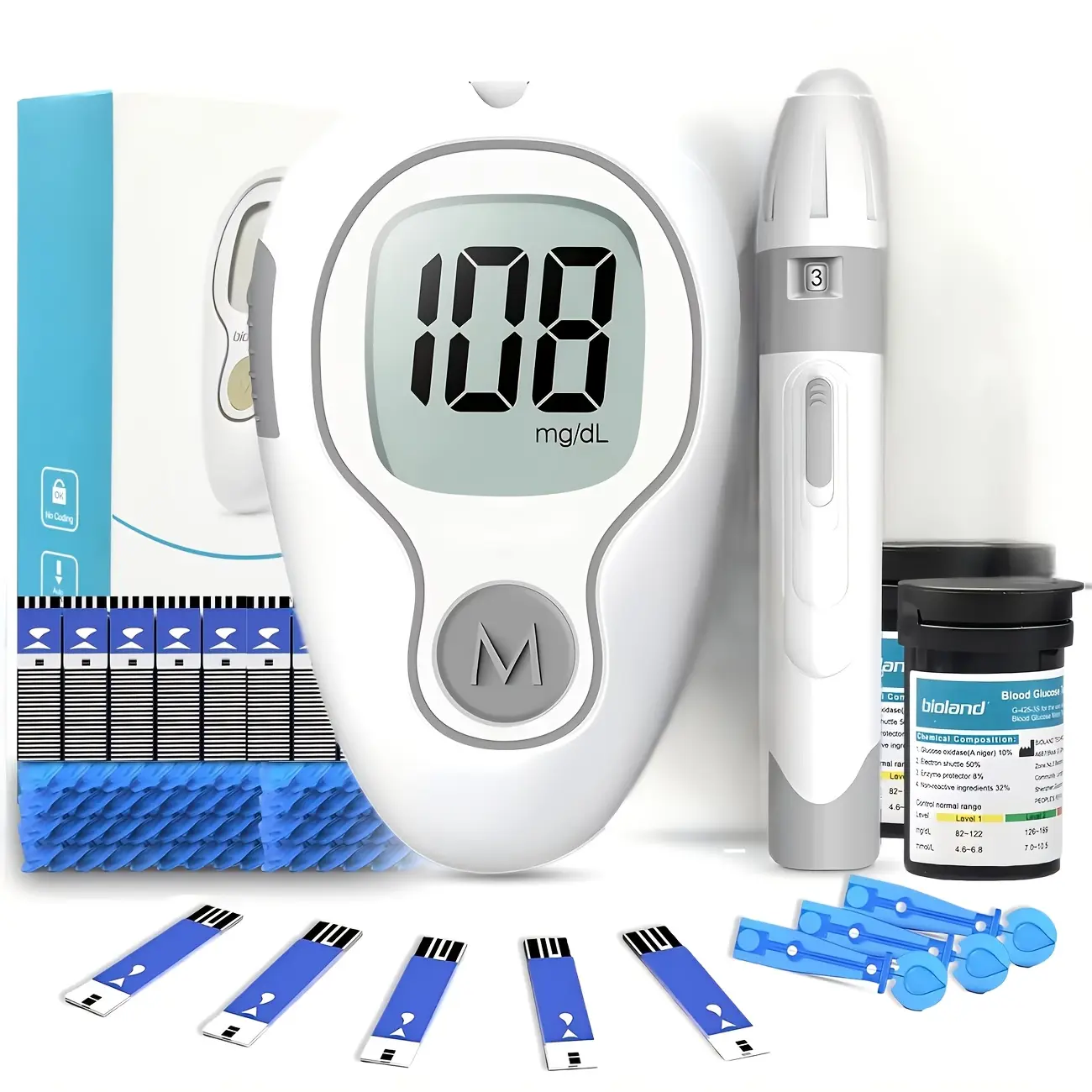 Blood Glucose Meter Kit with 100 Test Strips & 100 Lancets, No Coding Glucometer for Home Use, 5-Second Reading, Large Display, Lancing Device, Blood Sugar Monitor Set