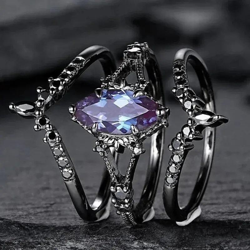 Vintage Black Color Geometry Inlaid with Colored Zircon Women's Ring Fashion Party Engagement Set of Rings Jewelry