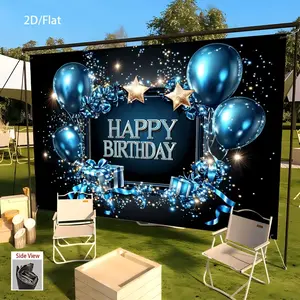 Birthday Party Banner - Happy Birthday Decoration with Blue Balloons & Stars,  Flat Poster for Indoor/Outdoor Parties, Weddings, Anniversaries - Durable Polyester Fabric Backdrop, Birthday Party Decorations, Festive Backdrop Ornaments White