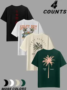 Men's 4 Pack California Palm Tree Print T-Shirts, Vintage Beach Style, Casual, Loose Fit Drop Shoulder, Soft Breathable Fabric, Summer Vacation Streetwear
