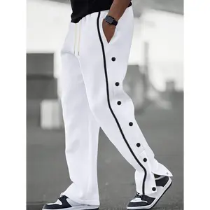 Men's Clothing Men'S Casual Polyester Pants, Solid Color with Side Stripe and Button Detail, Regular Fit, with Drawstring, for All-Season Comfort, Stylish & Sporty Adult Wear