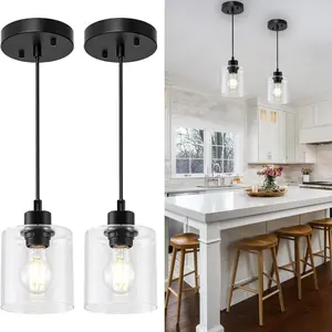 1 Light Pendant Lights Kitchen Island, Modern Farmhouse Hanging Fixture, 39Inches Adjustable Black Ceiling for Dining Room, E26 Base, Clear Glass Shape