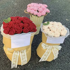 New Handmade Knitted Rose Flower Single Rose Bouquet Artificial Flower Wedding Decoration Finished Hand Woven Fake Flowers Gift
